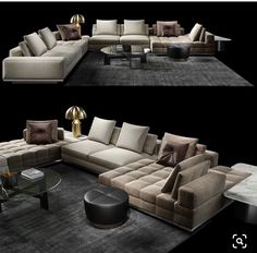 two pictures of a modern living room with couches and coffee tables in the middle