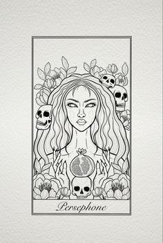 Persephone Greek god goddess tattoo tarot card woman design Persephone And Hades Drawing, Persephone And Medusa Tattoo, Persephone Coloring Page, Persephone Portrait, Pershepone Goddess Tattoo, Persephone Tarot Card, Hades And Persephone Drawing, Persephone Art Drawing, Greek Goddess Tattoo Persephone