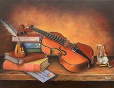 a painting of a violin, books and quill on a table with a clock