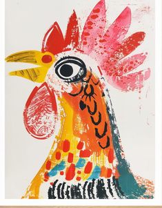 an abstract painting of a rooster with red, yellow and blue feathers on it's head