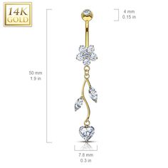 Cubic Zirconias Dangle from this 14K Flower Solid Yellow Gold Belly Ring. This is a beautiful sparkling belly ring that is classy and stylish in every way. This is a show stopper with gorgeous drop down dangling leaves and heart. 14K Real Gold. 14 GA, 3/8" barbell. 4mm ball. Also available in white gold. FREE SHIPPING! Please allow 7 business days for processing and up to 5 business days for shipping