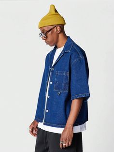 Dark Wash Short Sleeve Denim Jacket, Short Sleeve Medium Wash Denim Jacket, Blue Shirt With Pockets For Streetwear, Short Sleeve Dark Wash Denim Jacket, Casual Short Sleeve Denim Jacket, Short Sleeve Medium Wash Cotton Denim Jacket, Medium Wash Short Sleeve Denim Jacket, Summer Denim Top For Streetwear, Urban Blue Top With Pockets