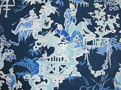 a blue and white wallpaper with various designs on it