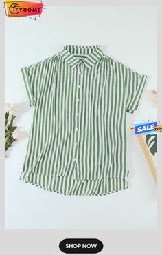 Green Short Sleeve Buttoned Striped Print Blouse Trendy Striped Short Sleeve Blouse, Casual Striped Short Sleeve Blouse, Striped Short Sleeve Blouse For Vacation, Striped Summer Blouse For Work, Striped Blouse For Summer Workwear, Summer Striped Tops For Workwear, Leopard Satin Dress, Spaghetti Strap Maxi Dress, Chambray Dress