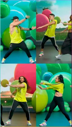 a woman in yellow shirt doing various poses with balloons and tennis rackets behind her