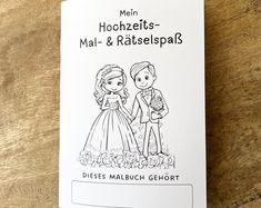 a coloring book with an image of two people dressed in wedding clothes and holding hands