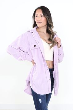 This La Miel Sunset Fleece Shacket for Women in Lilac Purple is going to be one of our best sellers this season. With a soft fleece construction, bright spring color, and oversized fit, this women’s shacket should be in your cart already. Pair with a brami and some denim shorts for a trendy spring look! Features of La Miel Sunset Fleece Shacket for Women in Lilac Purple | JKT1712-LILAC: La Miel Style: JKT1712-LILAC Color: Lilac Purple 100% Polyester Shacket = shirt + jacket Women’s shacket Fleec Kmart Clothes, Fleece Shacket, Winter Outfits Aesthetic, Spring Look, Fall Winter Wardrobe, Spring Color, Bright Spring, Boutique Tops, Casual Chic Outfit