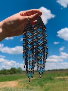 Handmade Artisan Blue Earrings, Artisan Handmade Blue Earrings, Handmade Artisan Blue Beaded Earrings, Traditional Blue Handwoven Beaded Earrings, Traditional Handwoven Blue Beaded Earrings, Unique Blue Beaded Earrings As Gift, Unique Blue Beaded Earrings For Gift, Blue Earrings With Spacer Beads For Gift, Artisan Blue Beaded Earrings As Gift