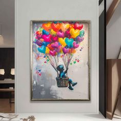 a painting of a person sitting on a basket with balloons in the shape of hearts