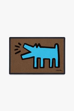 a brown and blue door mat with an image of a dog