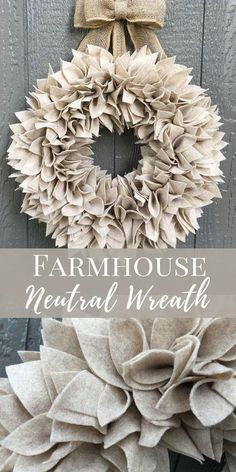 a close up of a wreath on a door with the words farmhouse metal wreath above it