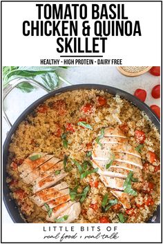 a pan filled with chicken and quinoa skillet on top of a table