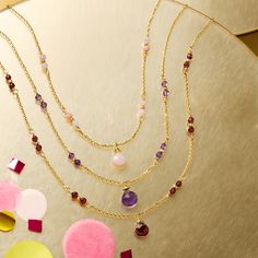 Ross-Simons - Italian Pink Opal, 5.20ct t. w. Multi-Gemstone Layered Necklace in 24kt Gold Over Sterling. 18". On this swoon-worthy statement necklace, three gorgeous tiers are adorned with 7x7mm and 3mm pink opals with 5.20 ct. tot. gem wt. round and pear-shaped faceted amethyst and garnet beads. Made in Italy of 24kt yellow gold over sterling silver. Suspends from a cable chain with a 2" extender. Lobster clasp, multi-gemstone and pink opal layered necklace. Garnet birthstones are the perfect Amethyst And Garnet, Garnet Birthstone, 24kt Gold, Layered Necklace, Pink Opal, Cable Chain, Pear Shaped, Layered Necklaces, Lobster Clasp