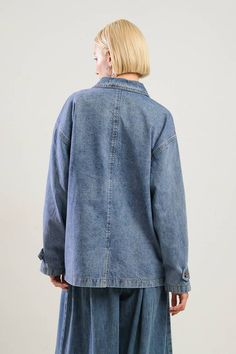 A washed denim midi jacket featuring button down, front pockets, long sleeve and self belt Details: Self : 100% Cotton Size & Fit - Model is 5`8" And Wearing Size Small- Measurements Taken From Size Small- Approx. Length: 28" Washed Medium Wash Utility Jacket, Denim Utility Jacket Washed, Medium Wash Washed Denim Jacket In Utility Style, Denim Utility Jacket Washed Style, Washed Blue Single Breasted Denim Jacket, Washed Denim Blue Utility Jacket, Oversized Medium Wash Denim Jacket In Utility Style, Oversized Utility Denim Jacket In Medium Wash, Oversized Medium Wash Utility Denim Jacket