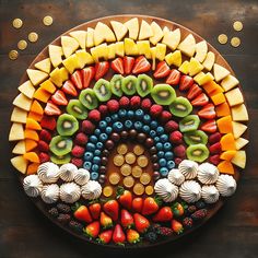 a platter filled with lots of different types of fruit on top of a wooden table