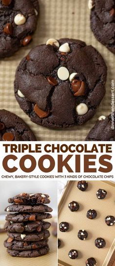 triple chocolate cookies with white chocolate chips on the top and bottom are shown in this collage