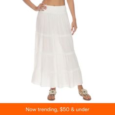 in stock Solid Color Tiered Skirt For Beach, Solid Color Tiered Skirt For The Beach, Gathered Skirt Bottoms For Beach, Waist-length Skirt For Beach In Spring, Solid Maxi Skirt For Daywear, Summer Long Skirt In Solid Color, Solid Color Summer Long Skirt, Beach Tiered Gathered Skirt Bottoms, Beach Tiered Gathered Skirt