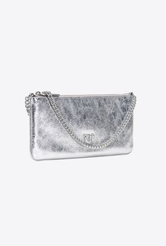 Rectangular, clutch-style Flat Bag in crinkled laminated leather with used-effect texture and small metal chain shoulder strap for hand carry or on-the-shoulder wear. The accessory has polycotton lining, an inner laminated leather slip pocket and card slots. Zip fastening. Activate your PINKO bag: verify the authenticity of your product and access a personalised experience by scanning the Love Birds embroidery on the back of the bag with your smartphone! Metallic Shoulder Bag With Silver-tone Logo For Evening, Metallic Shoulder Bag For Evening With Silver-tone Logo, Silver Bag With Metal Logo For Everyday Use, Modern Party Bags With Silver-tone Logo Plaque, Silver Evening Bag With Metal Logo, Silver Leather Evening Bag For Formal Occasions, Formal Silver Leather Evening Bag, Chic Formal Shoulder Bag With Silver-tone Logo Plaque, Leather Wallet On Chain With Metal Logo For Evening