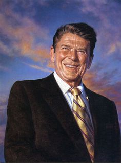 a painting of a man in a suit and tie smiling at the camera with clouds behind him