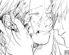 a black and white drawing of two people hugging each other with their eyes closed,