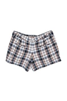 Bring preppy vibes to your summer style with these shorts from Theory! A posh plaid design will add a pop of pattern to any casual outfit. Pair with a plain white tee or wear over your bathing suit for a day at the beach. Size 2 Front zip-up closure w/ top button Unlined Open pockets on front of waist Faux pockets on back Plaid design Waist 30" Inseam 3" Total length 11" Summer Plaid Shorts With Built-in Shorts, Casual Plaid Cotton Shorts, Casual Plaid Shorts, Summer Vacation Plaid Shorts, Plaid Skorts With Built-in Shorts For Summer, Trendy Short Plaid Bottoms, Plaid Bottoms With Built-in Shorts For Summer, Summer Plaid Bottoms With Built-in Shorts, Preppy Summer Shorts With Pockets