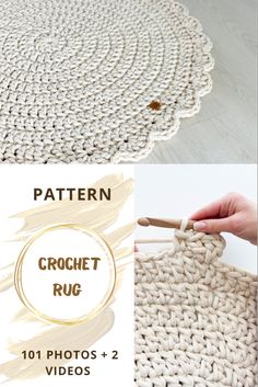 the crochet rug pattern is shown in two different pictures and has been made with yarn