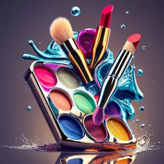 an assortment of colorful makeup products floating in water