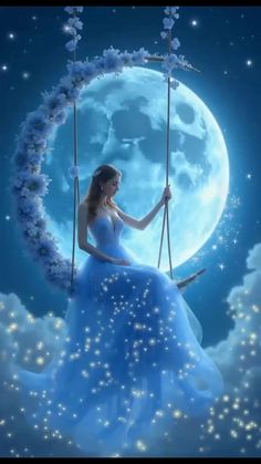 a woman in a blue dress is sitting on a swing with the moon behind her