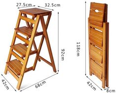 a wooden step stool next to a wooden shelf with shelves on each side and measurements