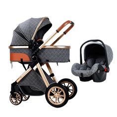 a baby stroller and infant car seat in grey with gold trim, both facing each other