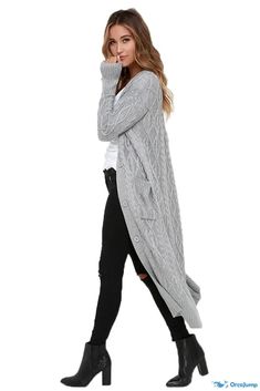 OrcaJump - Long black cable knit cardigan Long Cable Knit Cardigan, Knit Long Cardigan, Very Short Dress, Knit Sweater Coat, Skirts With Boots, Cardigan Sweater Coat, Mode Casual, Rockabilly Dress, Cap Dress