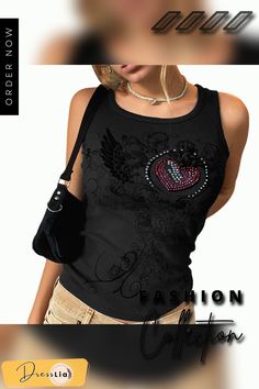 Women Rib Knit T-shirts Summer Casual Sleeveless Round Neck Heart Pattern Rhinestone Slim Crop Top Tees for Young Teens Sleeveless Top With Heart Graphic For Spring, Sleeveless Spring Top With Heart Graphic, Summer Heart Graphic Tank Top, Y2k Summer Tops With Rhinestones, Summer Y2k Tops With Rhinestones, Trendy Sleeveless Top With Heart Graphic, Sleeveless Summer Top With Heart Graphic, Casual Sleeveless Tops With Rhinestones, Casual Embellished Tank Top