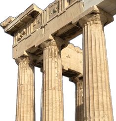 an old building with some columns on the front and back sides, against a white sky