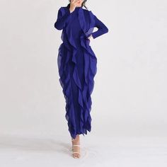 Stretch Factor: 2/3Material: Cotton, Polyester. Luxury Blue Tiered Maxi Dress, Luxury Blue Long Sleeve Maxi Dress, Blue Sheer Long Sleeve Maxi Dress, Blue Long-sleeve Dress With Ruffle Hem, Luxury Blue Viscose Maxi Dress, Hot Jumpsuits, Dress With Ruffles, Blue Long Sleeve, Long Sleeve Maxi