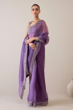 Purple saree with sequins, dori and velvet embroidered border. Paired with an embroidered unstitched blouse piece. - Aza Fashions Purple Saree, Embroidered Saree, Embroidered Border, Purple Silk, Silk Organza, Sequin Fabric, Blouse Piece, Aza Fashion, Hand Embroidered