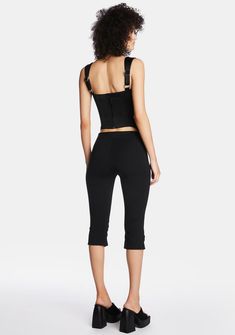 life goes on. These high-waisted pedal pusher pants have ruched legs, a side zip closure, and a bodycon fit. Chic Black Capri Length Pants, High Stretch Black Capris, Fitted Black Cropped Bottoms, Fitted High Waist Black Capris, Fitted Black Capris For Spring, Black Fitted Cropped Bottoms, Black Fitted Capris For Spring, Chic Black Fitted Capris, Chic Fitted Black Capris