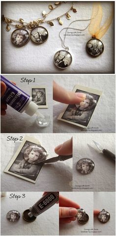 the instructions for how to make an altered photo necklace with buttons and charms on it