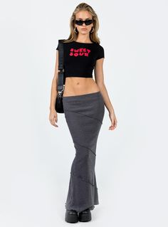 Crop tee  Slim fitting  Princess Polly Exclusive   92% cotton 8% elastane  Kiana is wearing a size US 2 / AU 6    Graphic print  Good stretch  Unlined Maxi Skirt Winter, Cropped Graphic Tees, Fleece Dress, Winter Skirt, Loungewear Sets, Curve Dresses, Casual Tank Tops, Gray Skirt, White Midi Dress