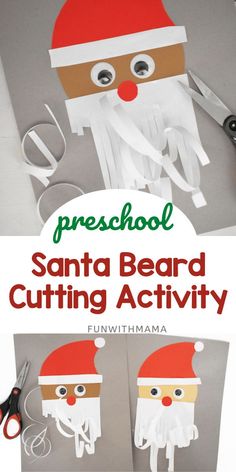 santa beard cutting activity for kids to make with paper and scissors on the table next to them