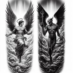 two black and white tattoos with angels on them