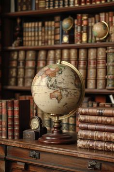 an old world globe on top of a wooden desk in front of bookshelves