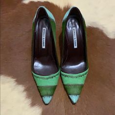 Multicolored Green And Light Blue Hair Calf Manolo Blahnik‘s Size 8.5 Fits A Size 8 Foot In Excellent Used Condition Besides Bottom Of The Shoe Shows No Wear Or Tear Anywhere. Green Stacked Wood Heel Approximately Two And Three-Quarter Inches Tall Manolo Blahnik Green, Shoes Manolo Blahnik, Light Blue Hair, Blahnik Shoes, Manolo Blahnik Shoes, Wear Or Tear, Wood Heel, Shoe Show, Manolo Blahnik