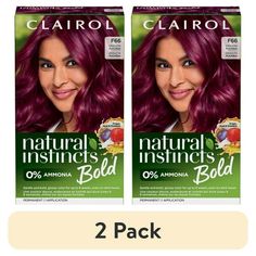 Shine brighter with bold purple hair color with Clairol Natural Instincts Bold Permanent Hair Color Kit in F66 Dragon Fuchsia. This affordable at-home hair color kit provides up to 8 weeks worth of vivid permanent purple hair dye that gently provides glossy, bold coloreven on dark hair color. Intensely pigmented, the purple hair dye works on many shades. Clairols most gentle permanent hair coloring kit yet, this dermatologically-tested ammonia free hair dye kit has nourishing ingredients like acai extract, guarana extract and argan oil, is safe for textured hair and will give you striking, glossy permanent purple hair color that lasts. The included Moisture Shine moisturizing hair mask conditions and protects hair between colorings for softer, shinier hair. Whether its your first time dyei Hair Dye Pink, Permanent Purple Hair Dye, Bright Red Hair Color, Clairol Hair Color, Dark Hair Dye, Clairol Natural, Clairol Natural Instincts, Moisturizing Hair Mask, Schwarzkopf Color