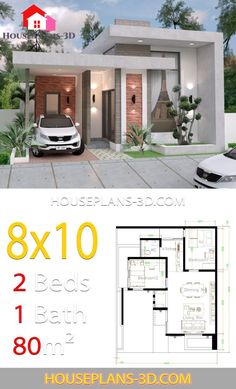 two story house plan with 3 bedroom and 2 bathrooms in the front, one car parking lot