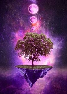 an island with a tree on it floating in the air surrounded by stars and planets