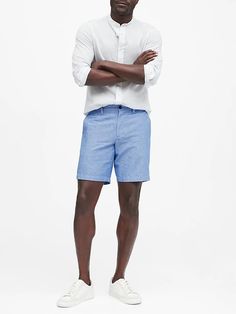 9" Slim Linen-Cotton Short | Banana Republic Color: Marina Blue Spring Button-up Bottoms With Welt Pockets, Summer Business Casual Cotton Bottoms, Summer Cotton Bottoms For Business Casual, Summer Workwear Bottoms With Buttoned Pockets, Summer Linen Button-up Bottoms, Casual Button-up Linen Bottoms, Spring Button-up Bottoms With Patch Pockets, Casual Linen Flat Front Bottoms, Summer Relaxed Fit Flat Front Bottoms