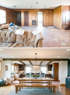 before and after photos of a living room with couches, dining table, and kitchen