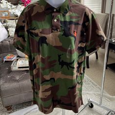 Nwt Polo Shirt Short Sleeves Shirt Have Size Tag Sticker But No Attached Tag Pen Mark On The Inner Label, Not Visible From Inside. Custom Slim Fit Color: Green/Brown Stretches Size: Large Casual Camouflage Cotton Shirt, Casual Cotton Camouflage Shirt, Casual Camouflage Short Sleeve Shirt, Casual Camouflage Shirt For Summer, Casual Camouflage Short Sleeve Tops, Tag Sticker, Short Sleeves Shirt, Ralph Lauren Polo Shirt, Ralph Lauren Polo Shirts