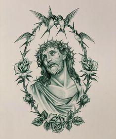 a drawing of jesus surrounded by roses and birds