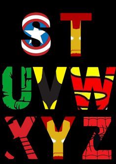 the letters are made up of different colors and shapes, including captain america's shield